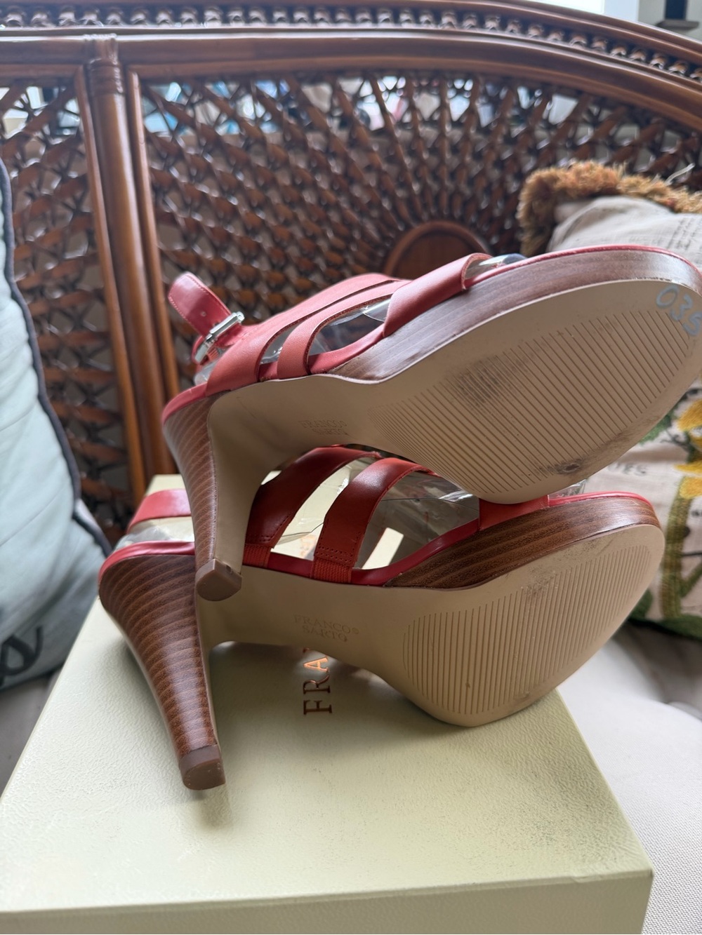 Franco Sarto Orange-Red Strappy Buckle Heels - Picture 4 of 7